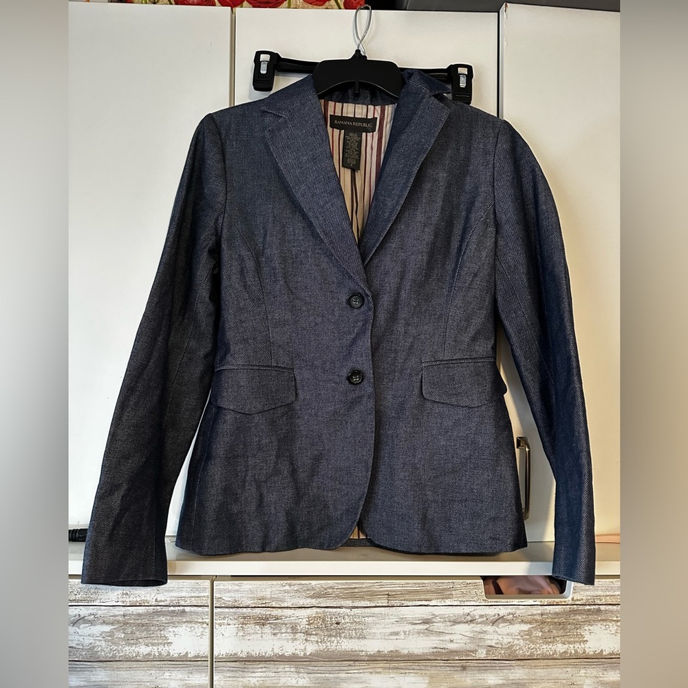 🔥 Banana Republic Denim Look Blazer Jacket Size 6 Cotton Tailored 💼